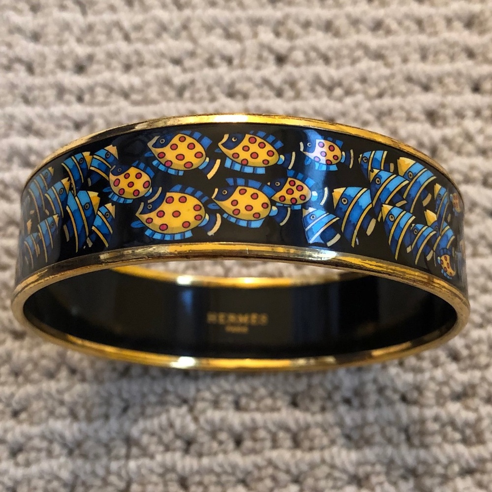Hermes Black Tropical Fish Gold Enamel Wide Bangle